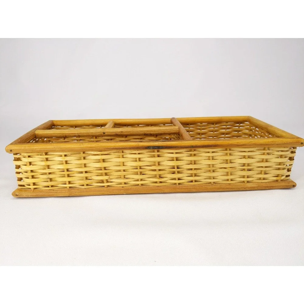 vtg Rattan Utility Tray Tan Woven Wicker 3-Compartment Organizer Desk Bedroom